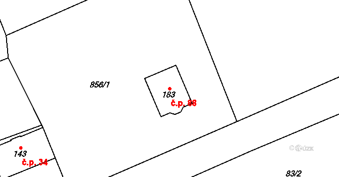 Keblov 88 na parcele st. 183 v KÚ Keblov, Katastrální mapa