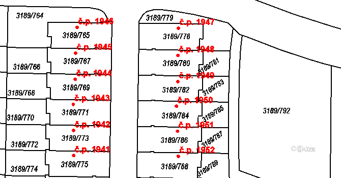 Roztoky 1949 na parcele st. 3189/782 v KÚ Žalov, Katastrální mapa
