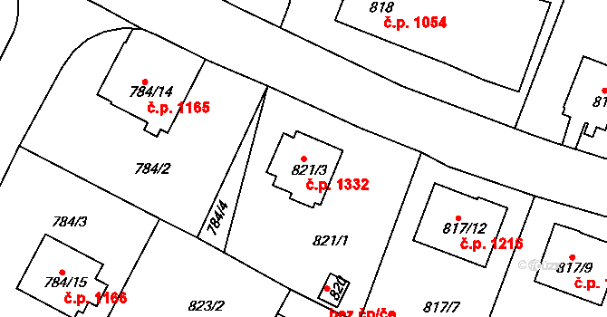 Kostelec nad Orlicí 1332 na parcele st. 821/3 v KÚ Kostelec nad Orlicí, Katastrální mapa