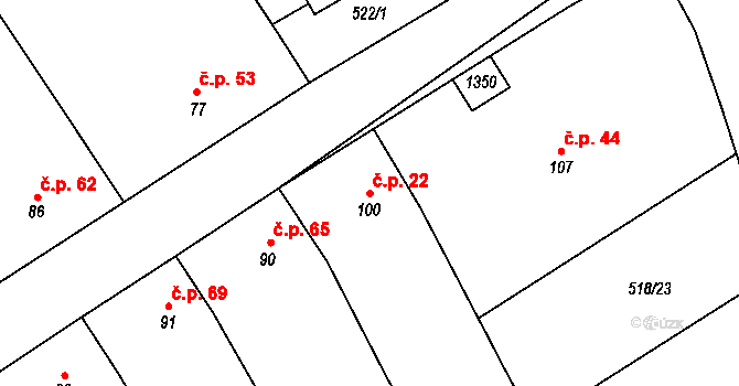 Džbánice 22 na parcele st. 100 v KÚ Džbánice, Katastrální mapa