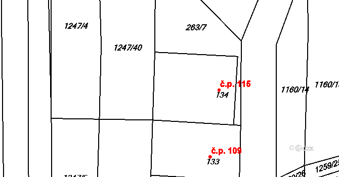 Morašice 115 na parcele st. 134 v KÚ Morašice, Katastrální mapa