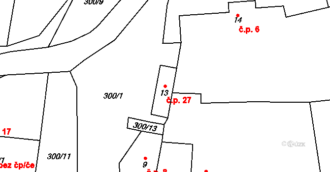 Chrást 27, Křesetice na parcele st. 13 v KÚ Chrást u Křesetic, Katastrální mapa