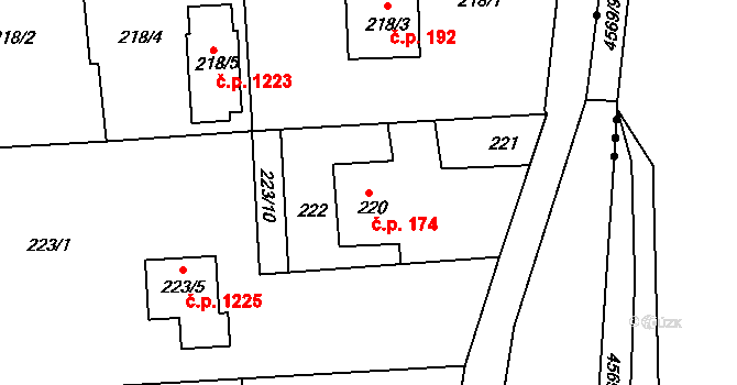Lyžbice 174, Třinec na parcele st. 220 v KÚ Lyžbice, Katastrální mapa