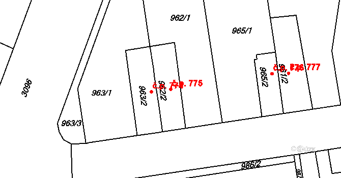 Lyžbice 775, Třinec na parcele st. 962/2 v KÚ Lyžbice, Katastrální mapa