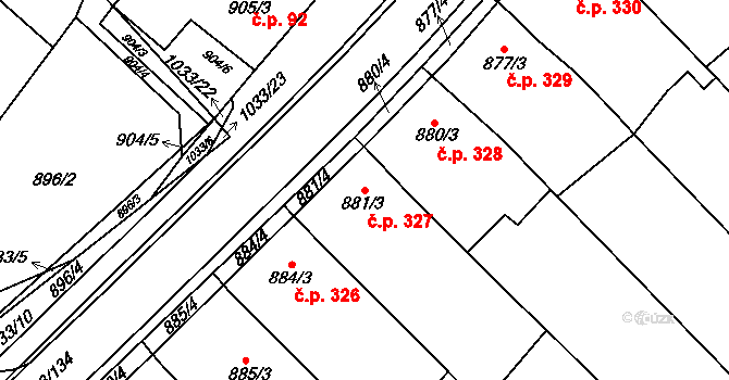 Svatobořice 327, Svatobořice-Mistřín na parcele st. 881/3 v KÚ Svatobořice, Katastrální mapa