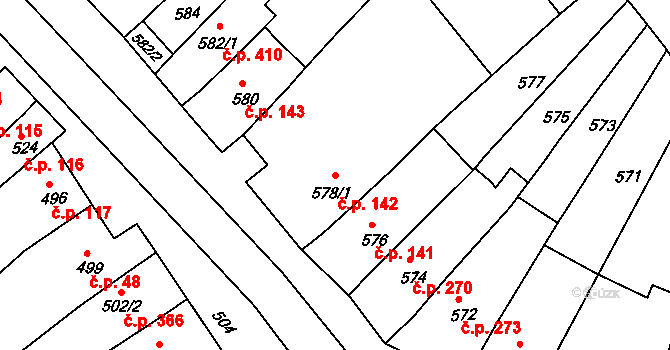 Šaratice 142 na parcele st. 578/1 v KÚ Šaratice, Katastrální mapa