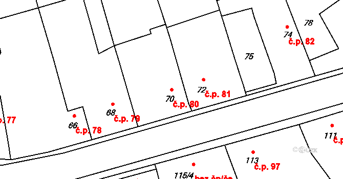Žerotín 80 na parcele st. 70 v KÚ Žerotín, Katastrální mapa