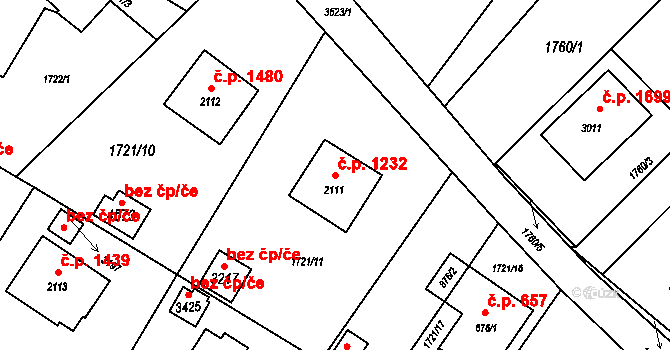 Rožnov pod Radhoštěm 1232 na parcele st. 2111 v KÚ Rožnov pod Radhoštěm, Katastrální mapa