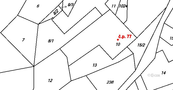 Levín 77 na parcele st. 10 v KÚ Levín u Litoměřic, Katastrální mapa
