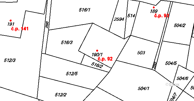 Kunčina 92 na parcele st. 190/1 v KÚ Kunčina, Katastrální mapa