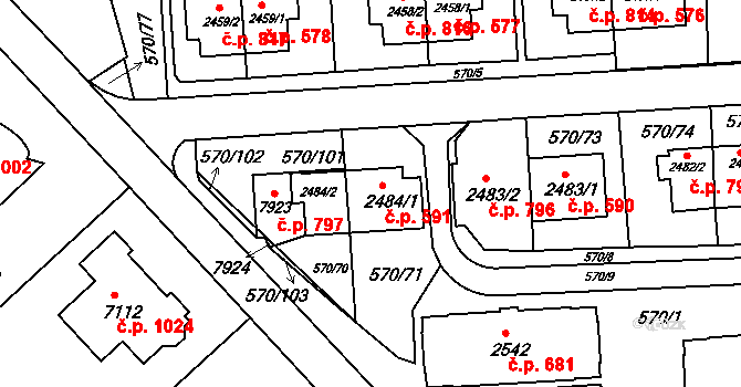 Borovina 591, Třebíč na parcele st. 2484/1 v KÚ Třebíč, Katastrální mapa