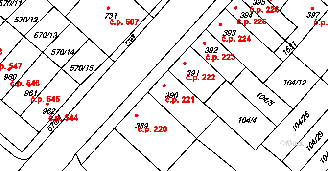 Podklášteří 221, Třebíč na parcele st. 390 v KÚ Podklášteří, Katastrální mapa