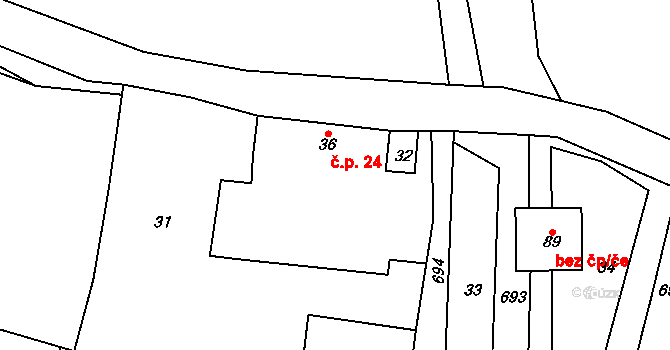 Řečice 24 na parcele st. 36 v KÚ Řečice u Humpolce, Katastrální mapa