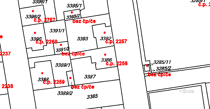 Žižkov 2258, Praha na parcele st. 3386 v KÚ Žižkov, Katastrální mapa
