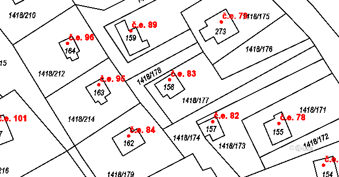 Habřina 83, Úštěk na parcele st. 158 v KÚ Habřina u Úštěku, Katastrální mapa