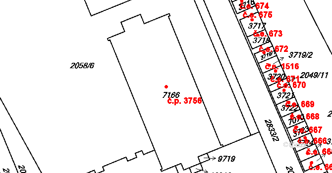 Hodonín 3756 na parcele st. 7166 v KÚ Hodonín, Katastrální mapa