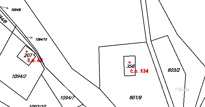 Podkopná Lhota 134 na parcele st. 356 v KÚ Podkopná Lhota, Katastrální mapa