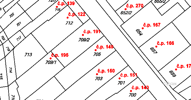 Pustiměřské Prusy 149, Pustiměř na parcele st. 705 v KÚ Pustiměř, Katastrální mapa