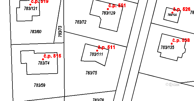 Senec 511, Zruč-Senec na parcele st. 783/111 v KÚ Senec u Plzně, Katastrální mapa