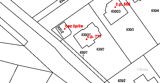 Jirny 777 na parcele st. 630/21 v KÚ Jirny, Katastrální mapa