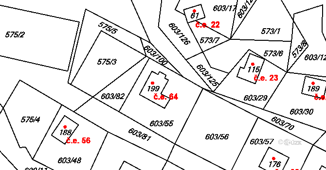 Hnačov 64 na parcele st. 199 v KÚ Hnačov, Katastrální mapa