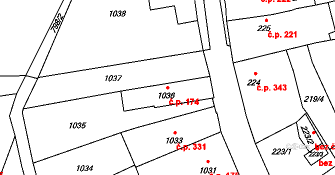 Mohelnice 174 na parcele st. 1036 v KÚ Mohelnice, Katastrální mapa