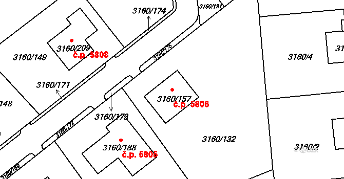 Chomutov 5806 na parcele st. 3160/157 v KÚ Chomutov II, Katastrální mapa