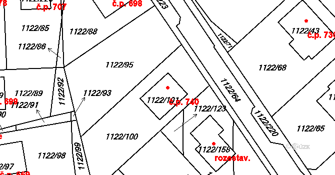 Tuchlovice 740 na parcele st. 1122/101 v KÚ Tuchlovice, Katastrální mapa