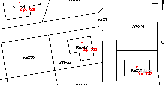 Štěnovice 732 na parcele st. 936/49 v KÚ Štěnovice, Katastrální mapa
