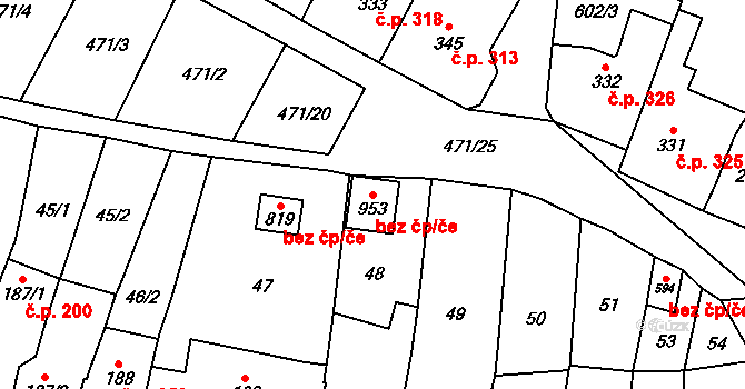 Lysice 95979972 na parcele st. 953 v KÚ Lysice, Katastrální mapa