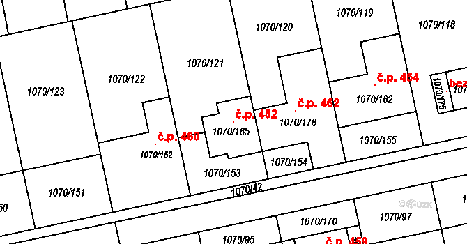 Grygov 452 na parcele st. 1070/165 v KÚ Grygov, Katastrální mapa