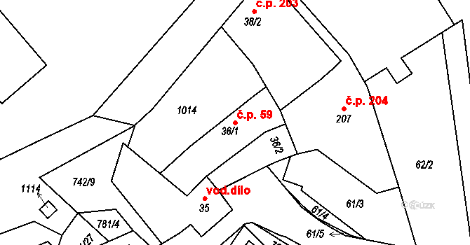 Chotěšov 59 na parcele st. 36/1 v KÚ Chotěšov, Katastrální mapa