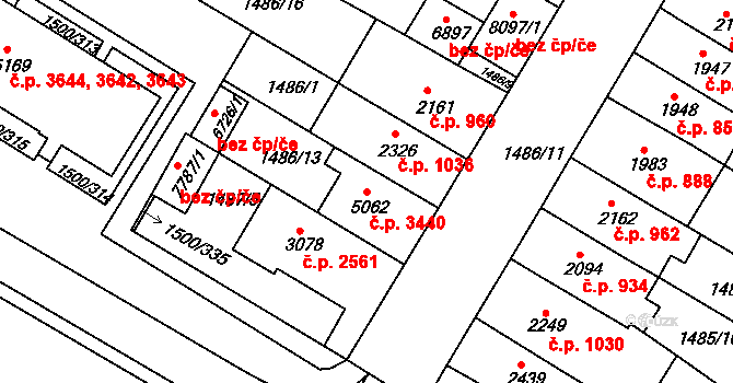 Kroměříž 3440 na parcele st. 5062 v KÚ Kroměříž, Katastrální mapa