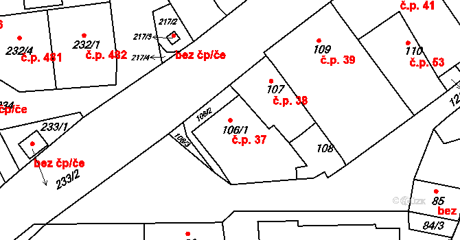 Dobšice 37 na parcele st. 106/1 v KÚ Dobšice u Znojma, Katastrální mapa