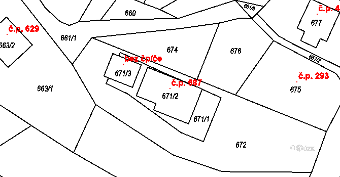 Štípa 687, Zlín na parcele st. 671/2 v KÚ Štípa, Katastrální mapa