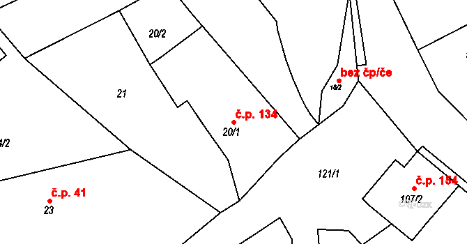 Jenišov 134 na parcele st. 20/1 v KÚ Jenišov, Katastrální mapa