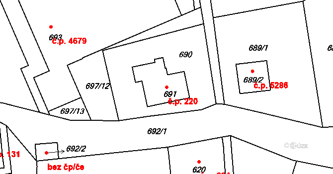 Rýnovice 220, Jablonec nad Nisou na parcele st. 691 v KÚ Rýnovice, Katastrální mapa