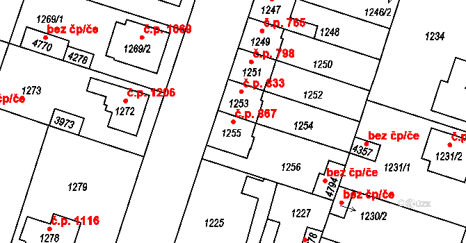 Čelákovice 867 na parcele st. 1255 v KÚ Čelákovice, Katastrální mapa