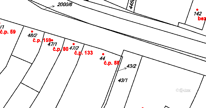 Louka 58 na parcele st. 44 v KÚ Louka u Ostrohu, Katastrální mapa