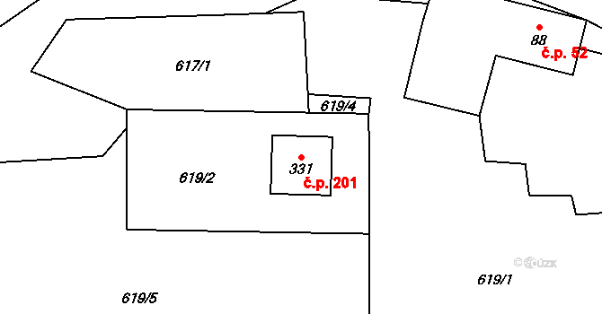 Rychaltice 201, Hukvaldy na parcele st. 331 v KÚ Rychaltice, Katastrální mapa