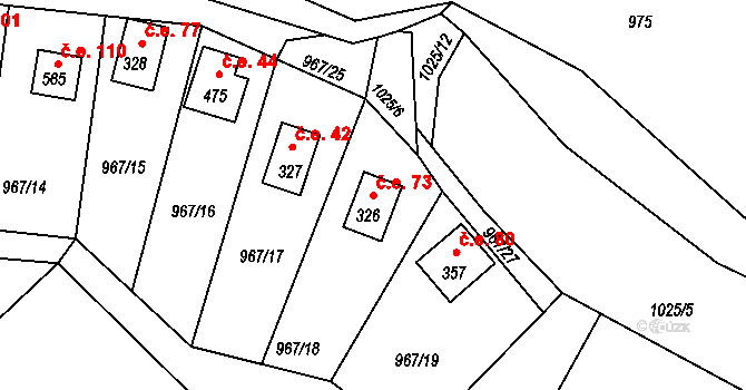 Loutí 73, Rabyně na parcele st. 326 v KÚ Rabyně, Katastrální mapa