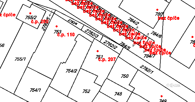 Dačice V 207, Dačice na parcele st. 751 v KÚ Dačice, Katastrální mapa