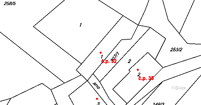 Rtišovice 32, Milín na parcele st. 1 v KÚ Rtišovice, Katastrální mapa