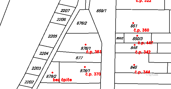 Holásky 361, Brno na parcele st. 876/1 v KÚ Holásky, Katastrální mapa