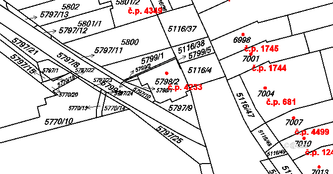 Židenice 4233, Brno na parcele st. 5798/2 v KÚ Židenice, Katastrální mapa