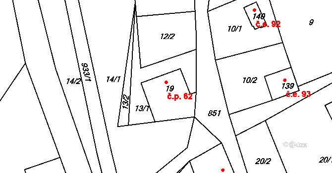 Mikulov 62 na parcele st. 19 v KÚ Mikulov v Krušných horách, Katastrální mapa