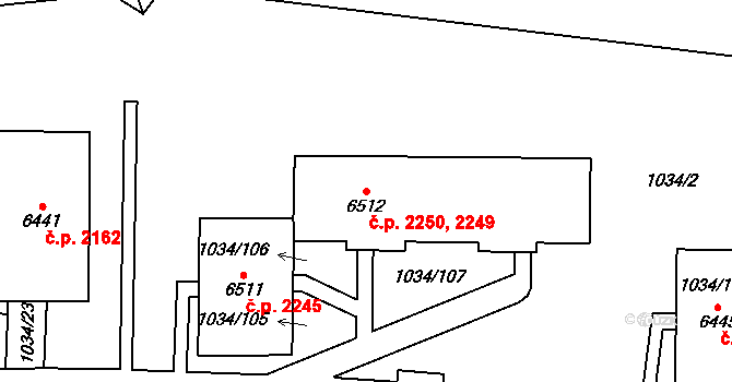 Cheb 2249,2250 na parcele st. 6512 v KÚ Cheb, Katastrální mapa