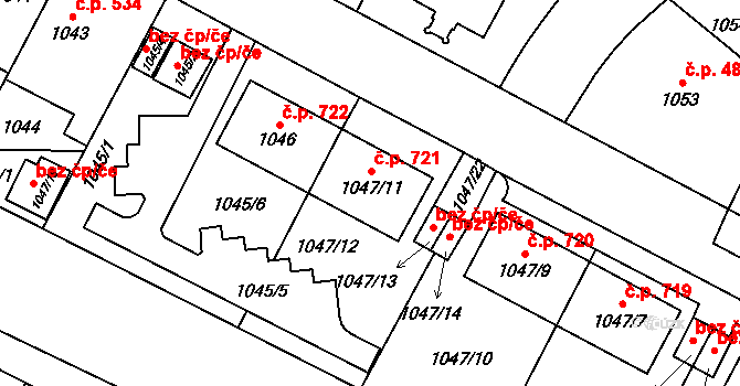 Hostivař 721, Praha na parcele st. 1047/11 v KÚ Hostivař, Katastrální mapa