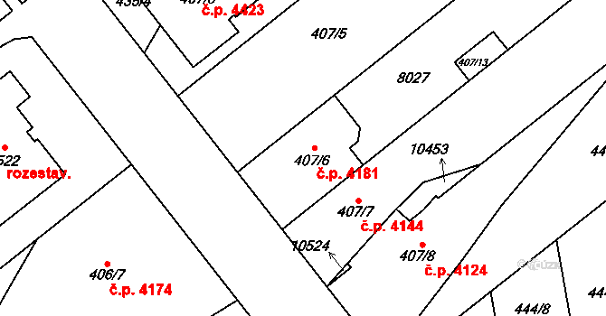 Hodonín 4181 na parcele st. 407/6 v KÚ Hodonín, Katastrální mapa