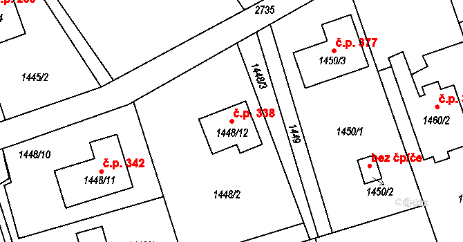 Dolní Suchá 338, Havířov na parcele st. 1448/12 v KÚ Dolní Suchá, Katastrální mapa